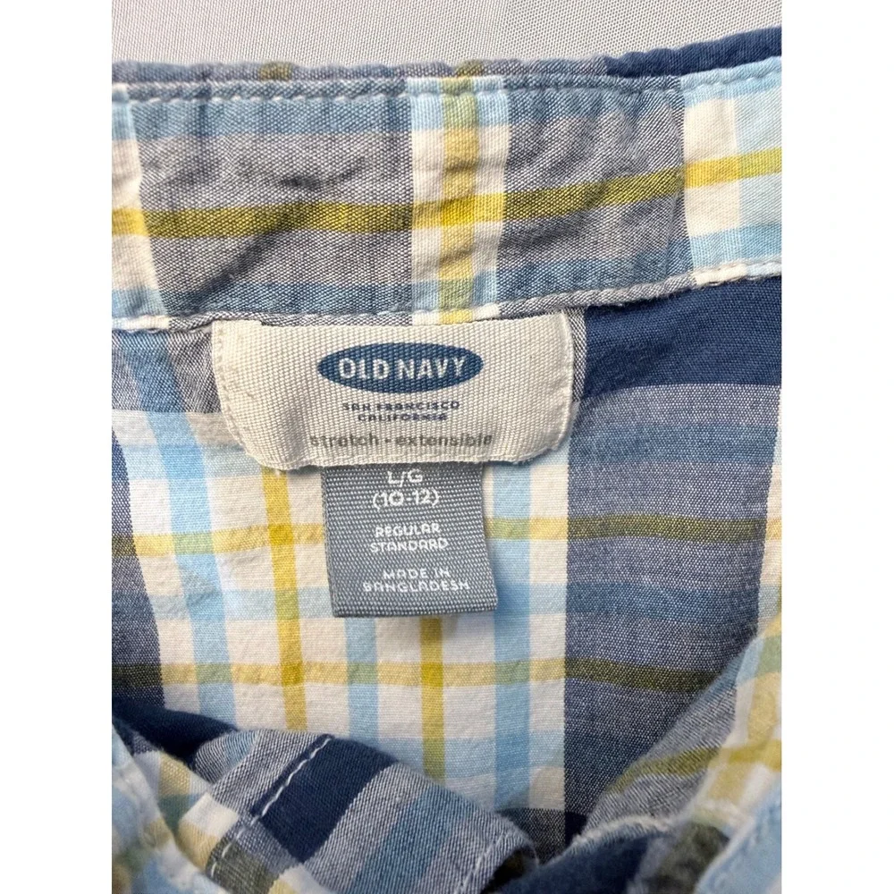 Old Navy Boys Blue Yellow Plaid‎ Button Down Shirt Long Sleeve Stretch